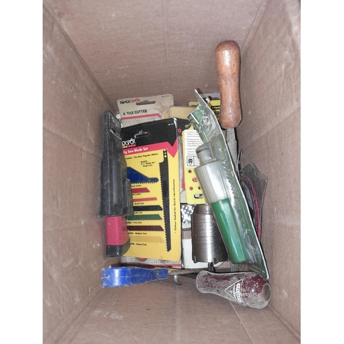 50 - Note multiple photographs : box of tools, & box of stationary and related items