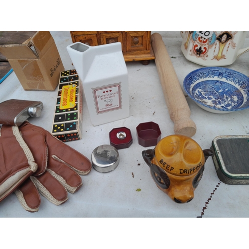 58 - Box of oddments : leather driving gloves, vintage leather bag, vintage wooden jewellery box with dra... 