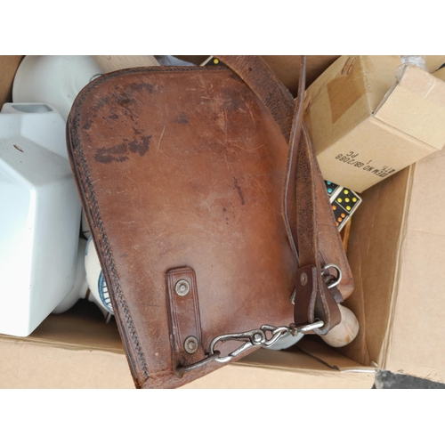 58 - Box of oddments : leather driving gloves, vintage leather bag, vintage wooden jewellery box with dra... 