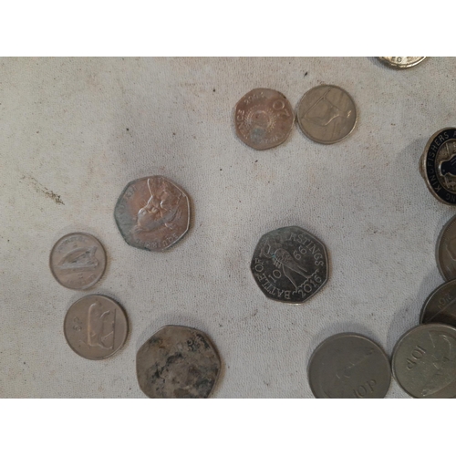 84 - Collectable reverse head 50 pence pieces, costume jewellery silver trinket dish, small amount of sil... 