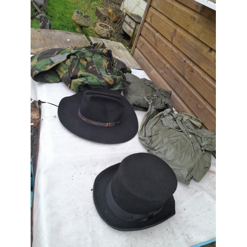 87 - Assorted clothes : sports blazer, camouflage ware, top hat cowboy hat, bags  etc.