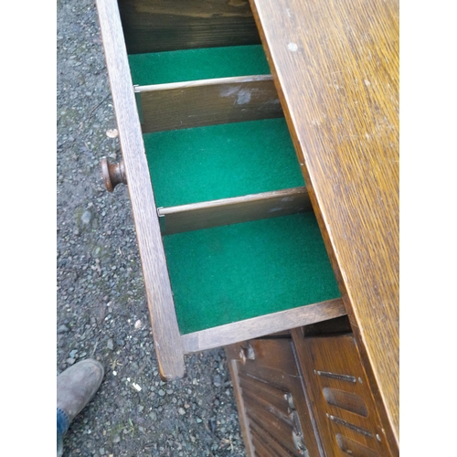 124 - Vintage oak dresser and collectors wall cabinet with roll front drawers for storage of CDs etc.