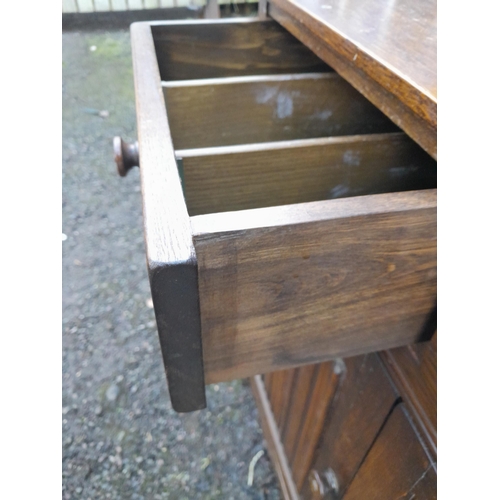 124 - Vintage oak dresser and collectors wall cabinet with roll front drawers for storage of CDs etc.