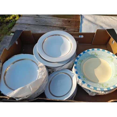 232 - 4 x boxes of china , glass , dinnerware, stoneware water bottle and storage vessels etc. note multip... 