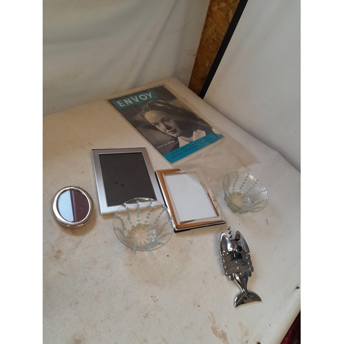 193 - Box of oddments : plated photo frames, 2 x late Victorian enamelled glass dishes, Royal Worcester Ev... 