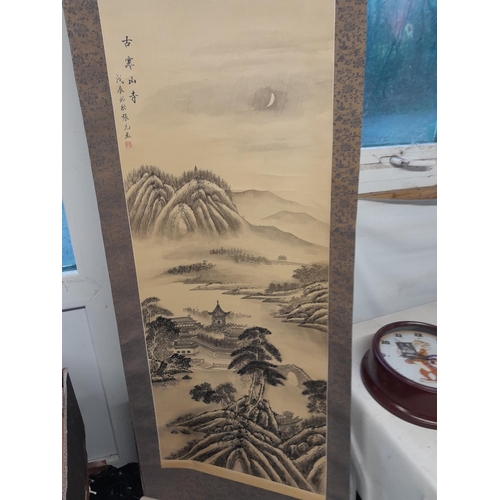 212 - Late 19th / early 20th century Chinese watercolour scroll painting of an Ethereal Mountain Scene