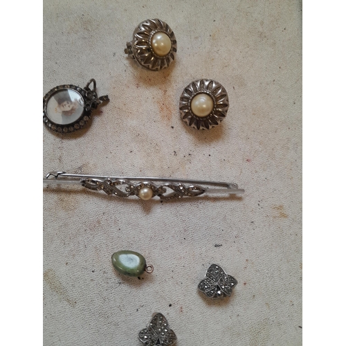 244 - Mixed silver and other costume jewellery ladies vintage dress watch, marcasite earrings etc.