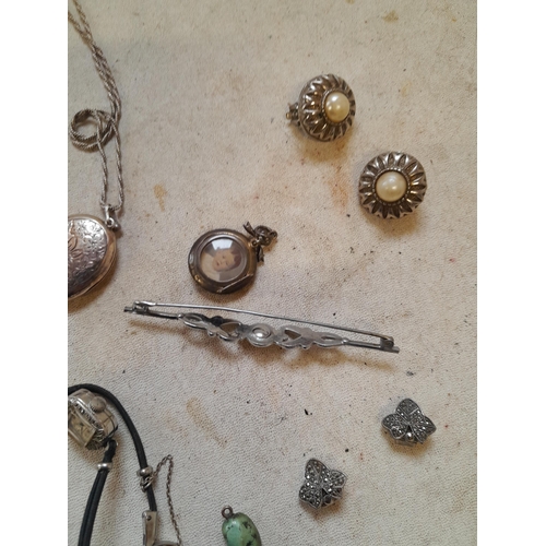 244 - Mixed silver and other costume jewellery ladies vintage dress watch, marcasite earrings etc.