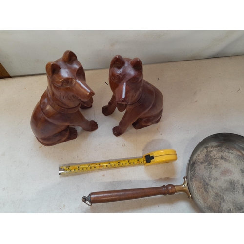 264 - Vintage copper frying pan, silver plate jug and pair of carved wood dogs