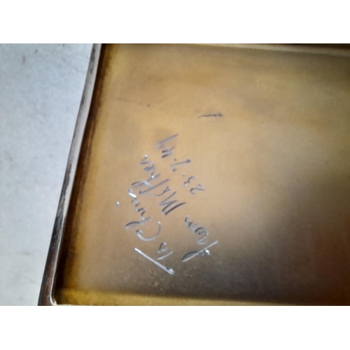 265 - Solid silver engine turned cigarette case with inscription inside and clearly hallmarked Birm. 1947 ... 