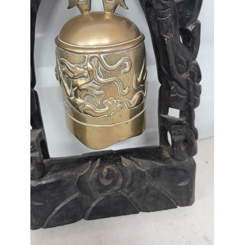 268 - Late 19th century Carved Chinese hardwood gong with metal wirework inlay and brass bell