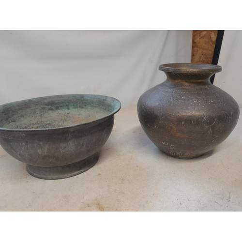 269 - 19th century Kashmiri ware gunmetal bowl and vase, profusely etched with exotic animals