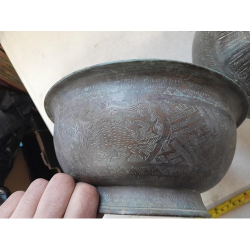 269 - 19th century Kashmiri ware gunmetal bowl and vase, profusely etched with exotic animals