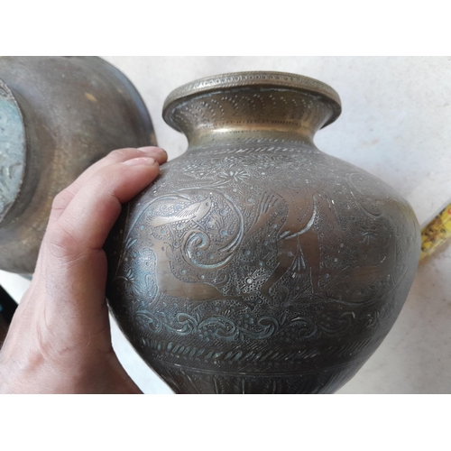 269 - 19th century Kashmiri ware gunmetal bowl and vase, profusely etched with exotic animals