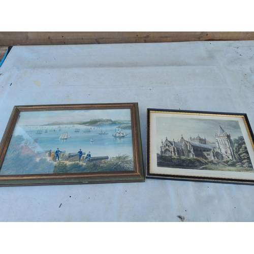 443 - 2 x 19th century prints : 1 x Ottery St Mary Church & 1 x Marine themed hand coloured print