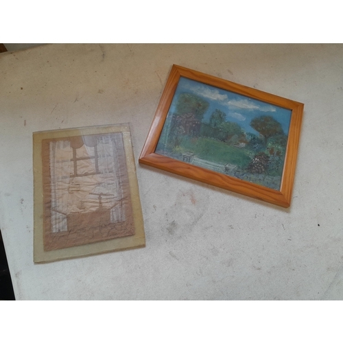 97 - Box of oddments : interesting Alfred Wallis type cut out picture and oddments