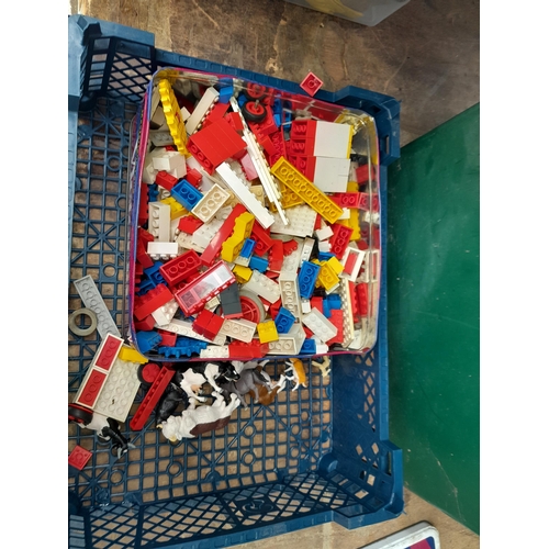 468 - Biscuit tin of Lego , box of wooden construction bricks , clockwork train set, and other toys etc.