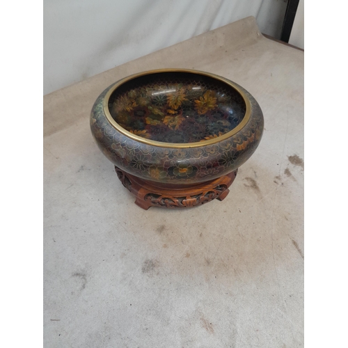 472 - Nice quality 20th century Chinese cloisonne dish on carved stand