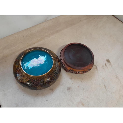 472 - Nice quality 20th century Chinese cloisonne dish on carved stand