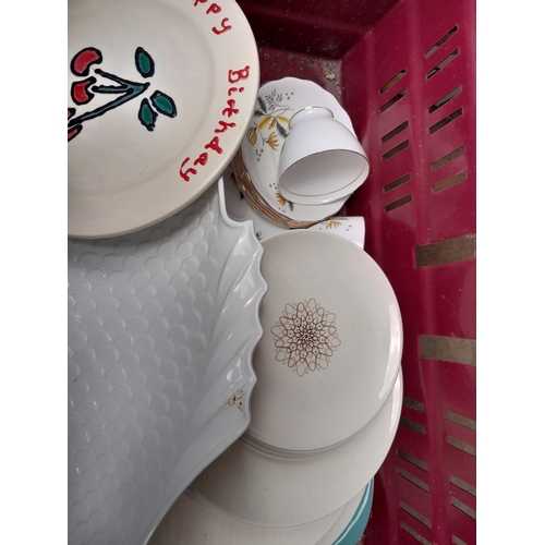 478 - 4 x boxes of china and glassware : Doulton Desert Star pattern dinner ware, jardinieres etc.