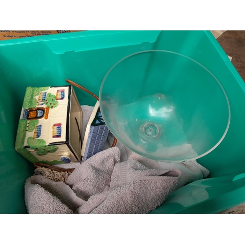 478 - 4 x boxes of china and glassware : Doulton Desert Star pattern dinner ware, jardinieres etc.