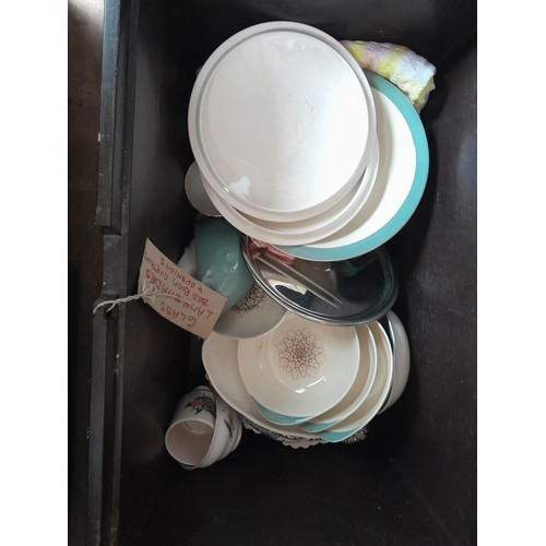 478 - 4 x boxes of china and glassware : Doulton Desert Star pattern dinner ware, jardinieres etc.