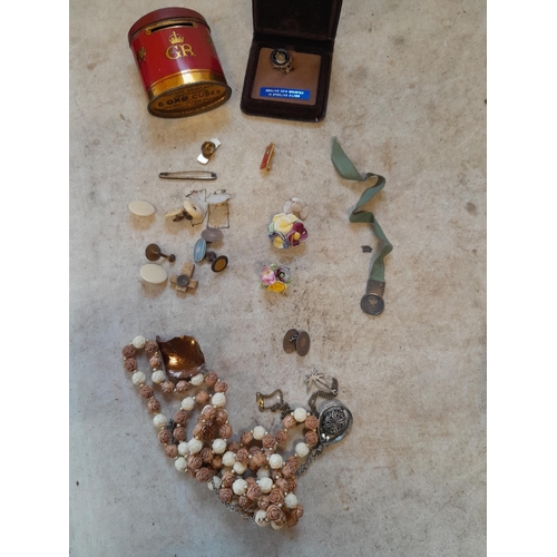 207 - Costume jewellery : gold plate on silver cufflinks, silver Threepence mounted as a medal etc.