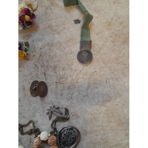 207 - Costume jewellery : gold plate on silver cufflinks, silver Threepence mounted as a medal etc.