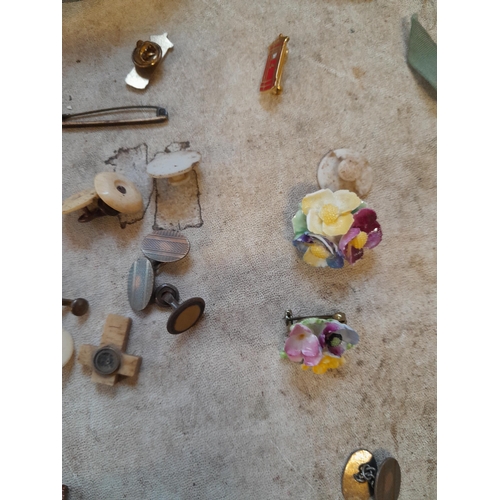 207 - Costume jewellery : gold plate on silver cufflinks, silver Threepence mounted as a medal etc.