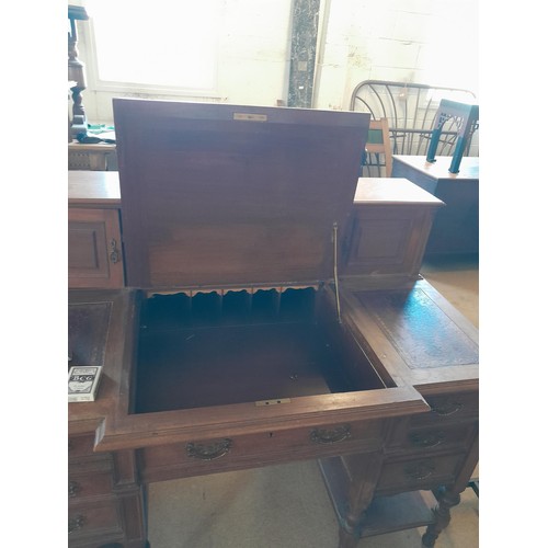 52 - Edwardian red walnut carved Gentleman's desk with satinwood nest of drawers, fitted interior, hinged... 