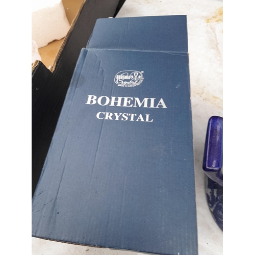 57 - Reproduction blue and white footbath, oak mirror and boxed Bohemia Crystal decanter