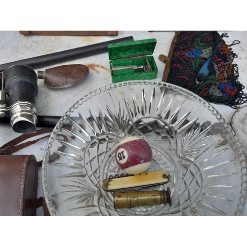 5 - Box of oddments : slate, Haws rose, vintage postal scales etc.