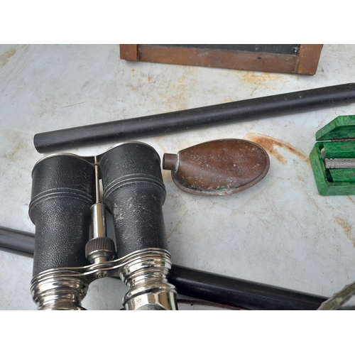 5 - Box of oddments : slate, Haws rose, vintage postal scales etc.