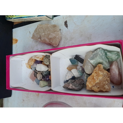7 - Box of oddments : collection of stones. and crystals, damaged Victorian jug and other items