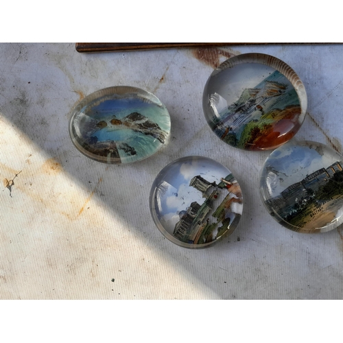 17 - Vintage wooden box with 3 x early 20th century tourist destination paperweights