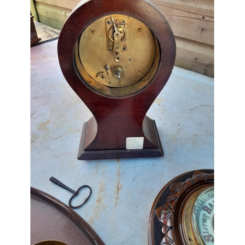 21 - Edwardian mahogany case mantle clock and inlaid tray , barometer and wooden ware