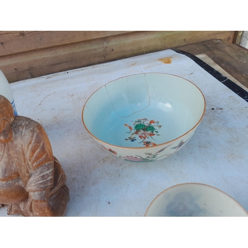 22 - Assorted Chinese and other pottery, carved soapstone figure, wooden Buddha etc.