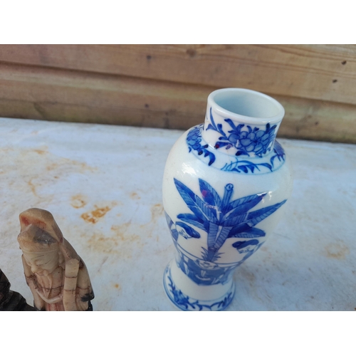 22 - Assorted Chinese and other pottery, carved soapstone figure, wooden Buddha etc.