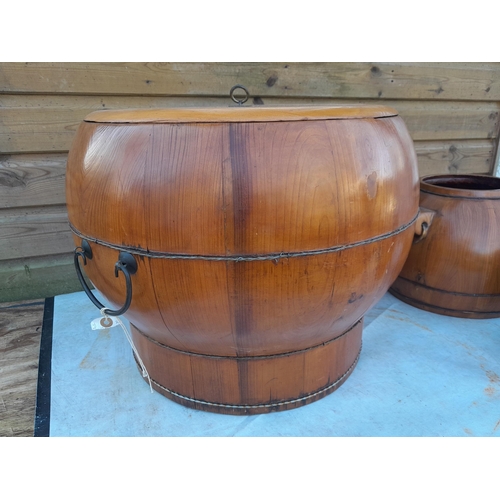 37 - Vintage Chinese wooden storage barrels and oak biscuit barrel