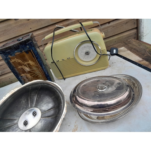 66 - Box of oddments : silver plated tureen no handle and cover, Bush radio and earthenware vase