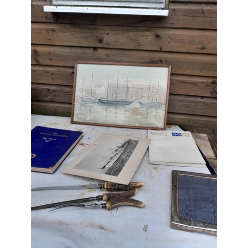 67 - Box of oddments : watercolour by Jenifer Peprell and other items