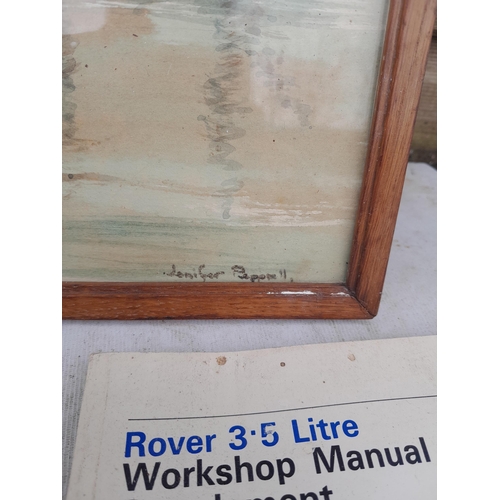 67 - Box of oddments : watercolour by Jenifer Peprell and other items