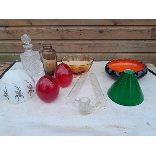 72 - Box of assorted clear and coloured glassware, Whitefriars amber glass bowl etc.