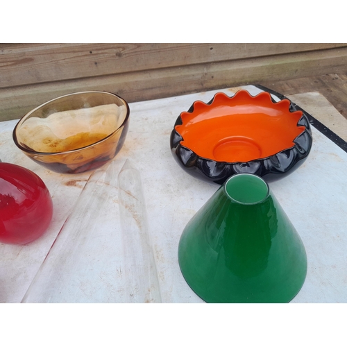 72 - Box of assorted clear and coloured glassware, Whitefriars amber glass bowl etc.