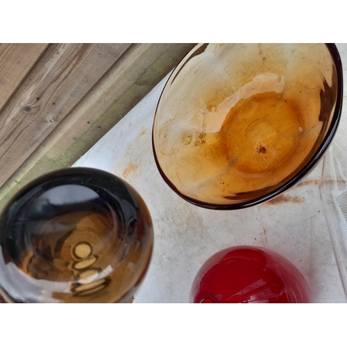 72 - Box of assorted clear and coloured glassware, Whitefriars amber glass bowl etc.