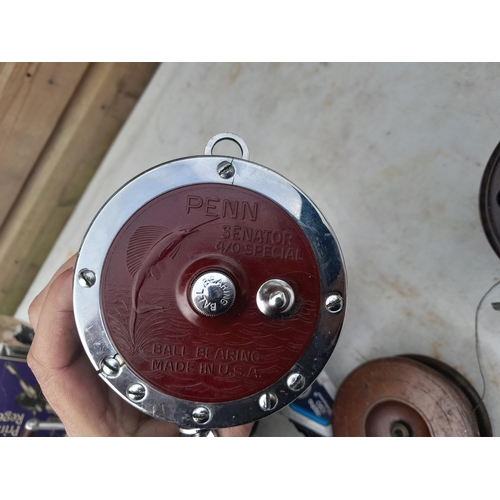 76 - Interesting array of vintage fishing reels : multipliers by Penn, Shakespeare, Allcock Arielite, Int... 