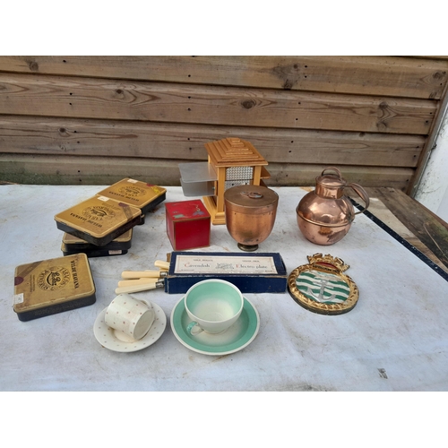 77 - Box of oddments : china by Susie Cooper, wooden ware , tins etc.