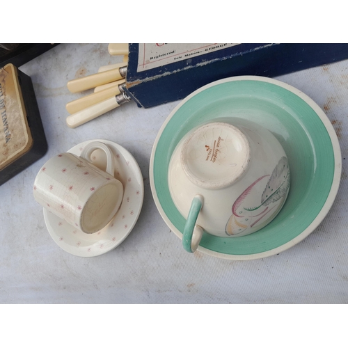 77 - Box of oddments : china by Susie Cooper, wooden ware , tins etc.