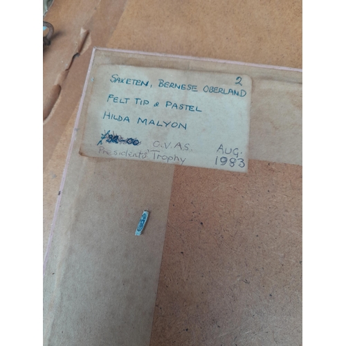 83 - Various paintings : Japanese style watercolour, naive oil on board a, watercolour portrait from earl... 