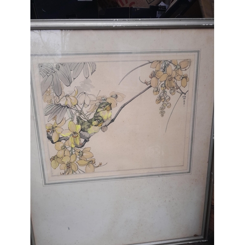 83 - Various paintings : Japanese style watercolour, naive oil on board a, watercolour portrait from earl... 